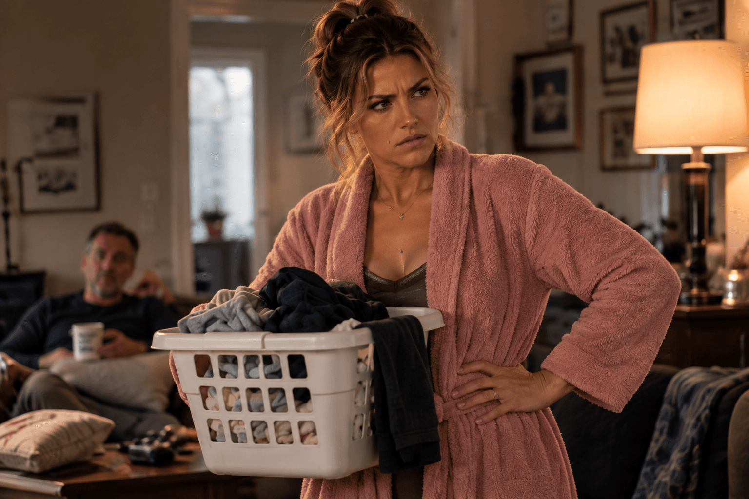 A woman in a pink bathrobe holding a laundry basket, staring with familiar disappointment