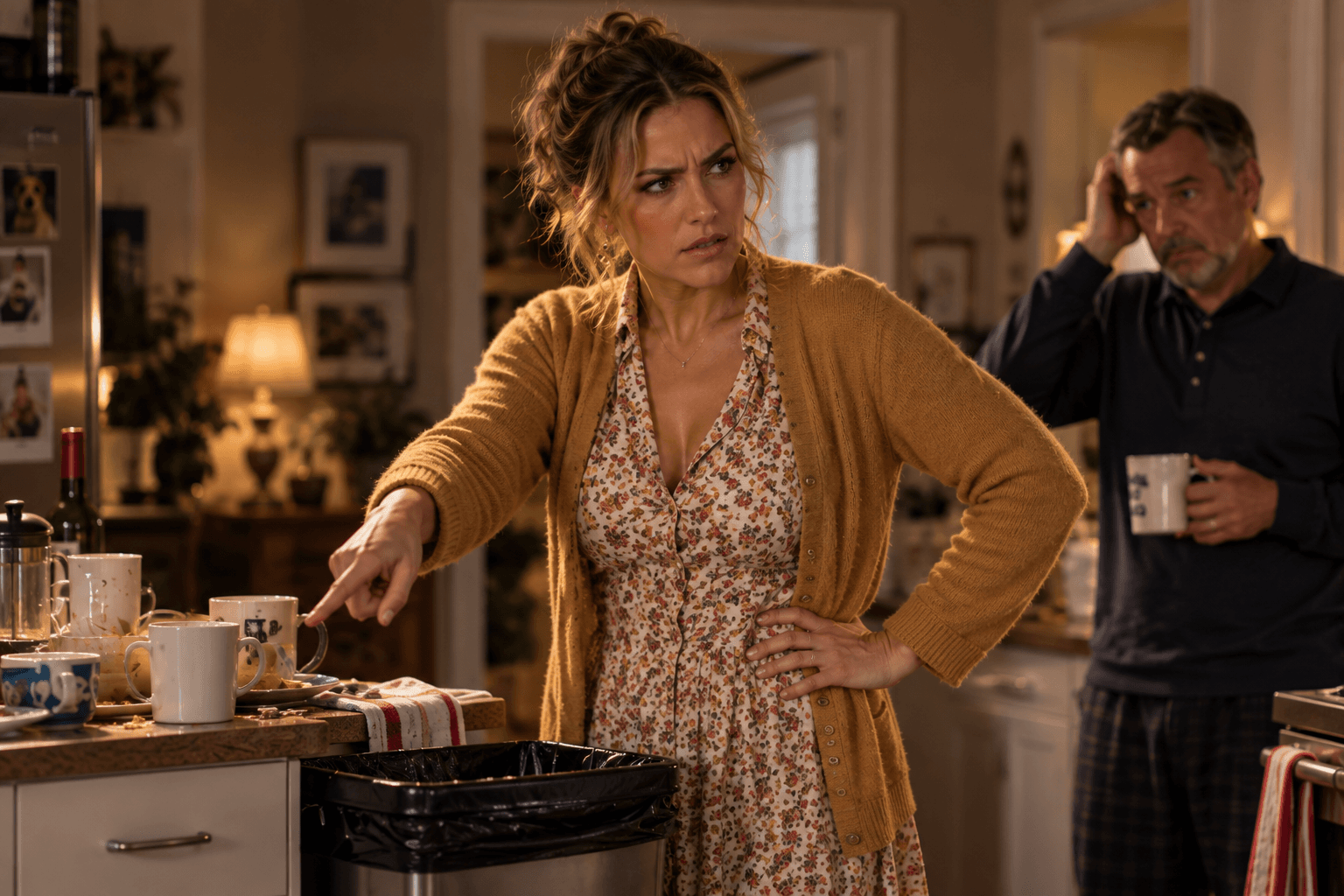 A woman pointing at a cluttered kitchen counter while a man stands behind her