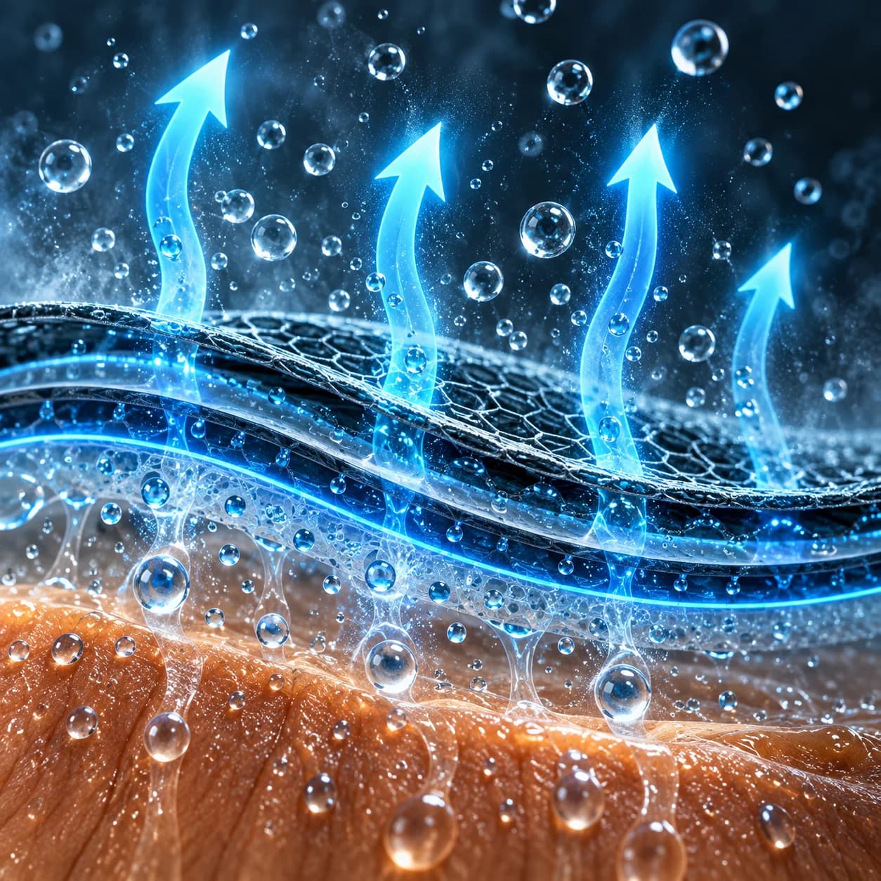 Moisture moving away from the skin through a layered smart membrane