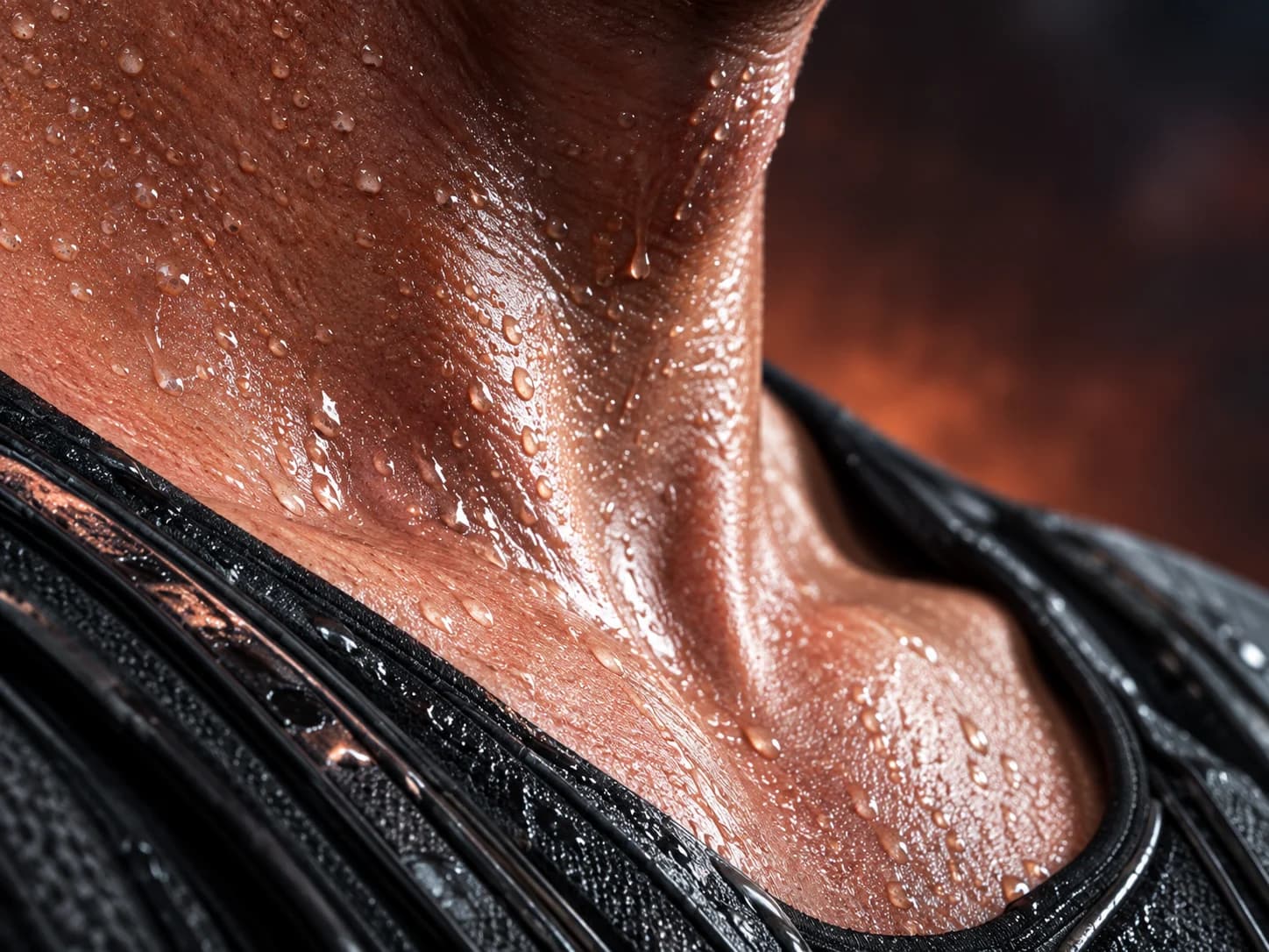 Perspiration on skin beside conventional clothing