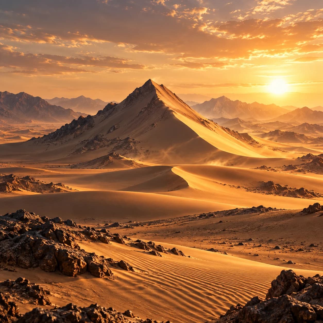 Sunlit desert dunes and mountains