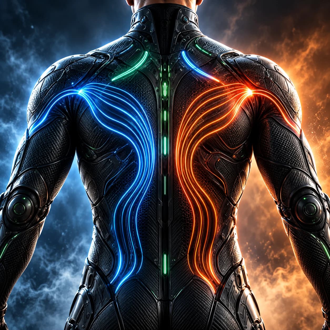 Blue cooling and orange heating channels across the suit