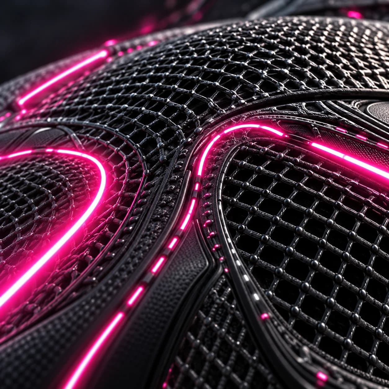 Close-up of woven carbon nanotube material and pink light channels