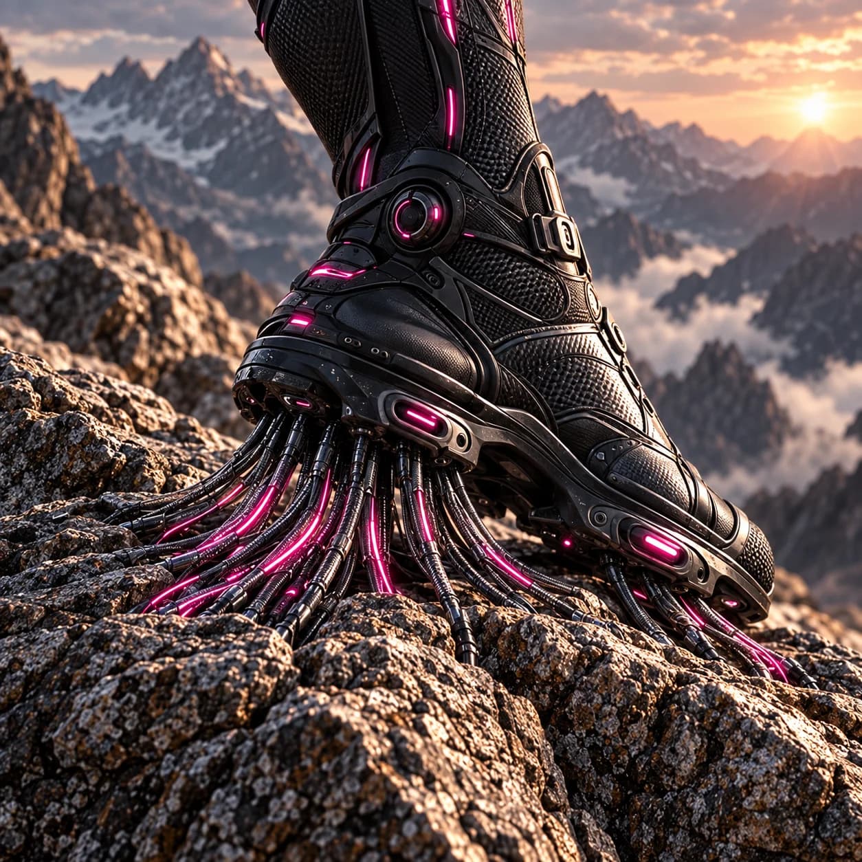 Fine engineered support structures extending from the boot onto rock