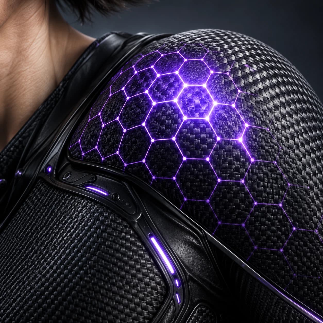 An illuminated purple lattice stiffens around the shoulder