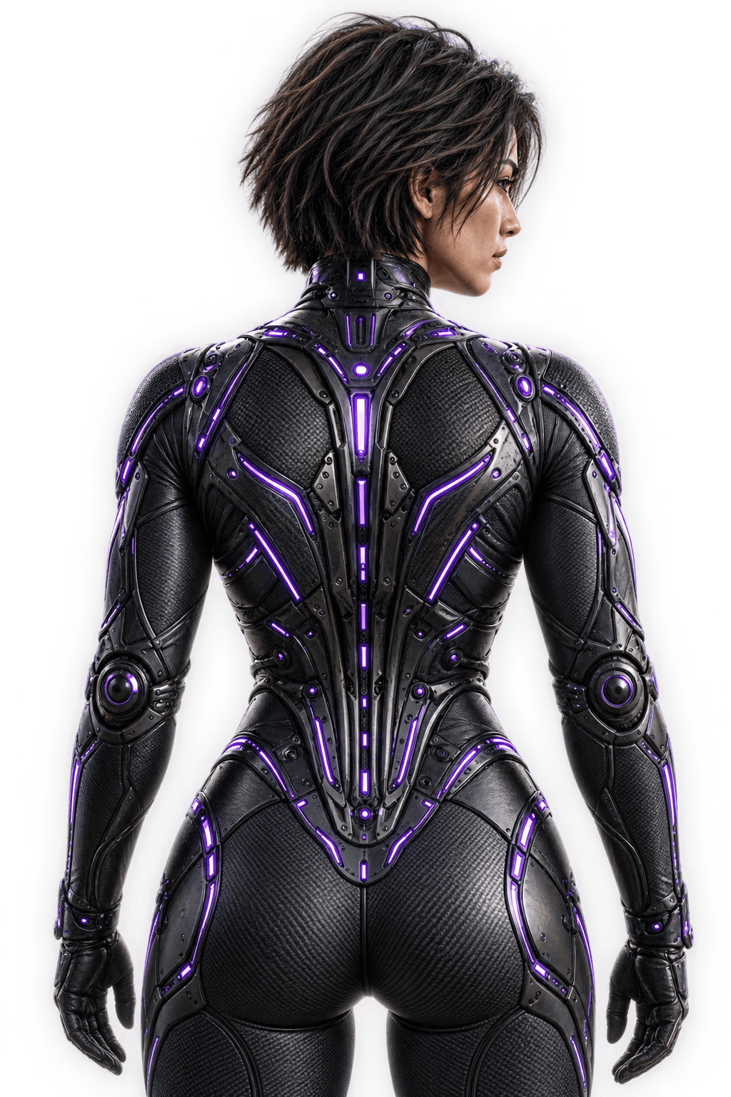 Rear view of the suit with illuminated pathways along the back and shoulders