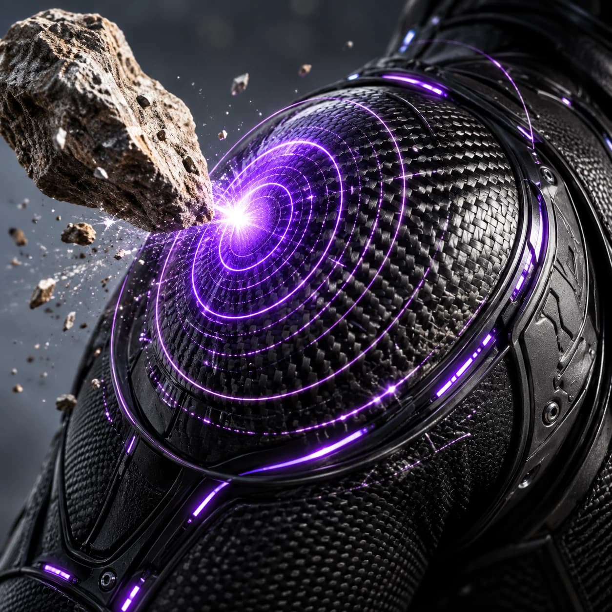 Purple sensor rings identify a rock striking the suit shoulder