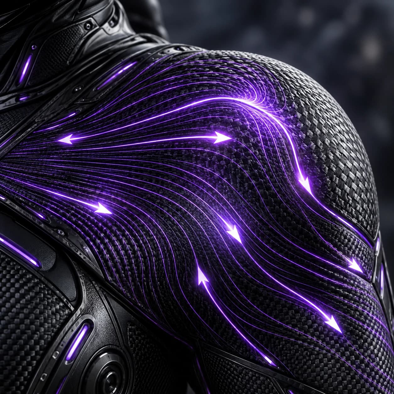 Purple energy pathways spread outward across the carbon weave