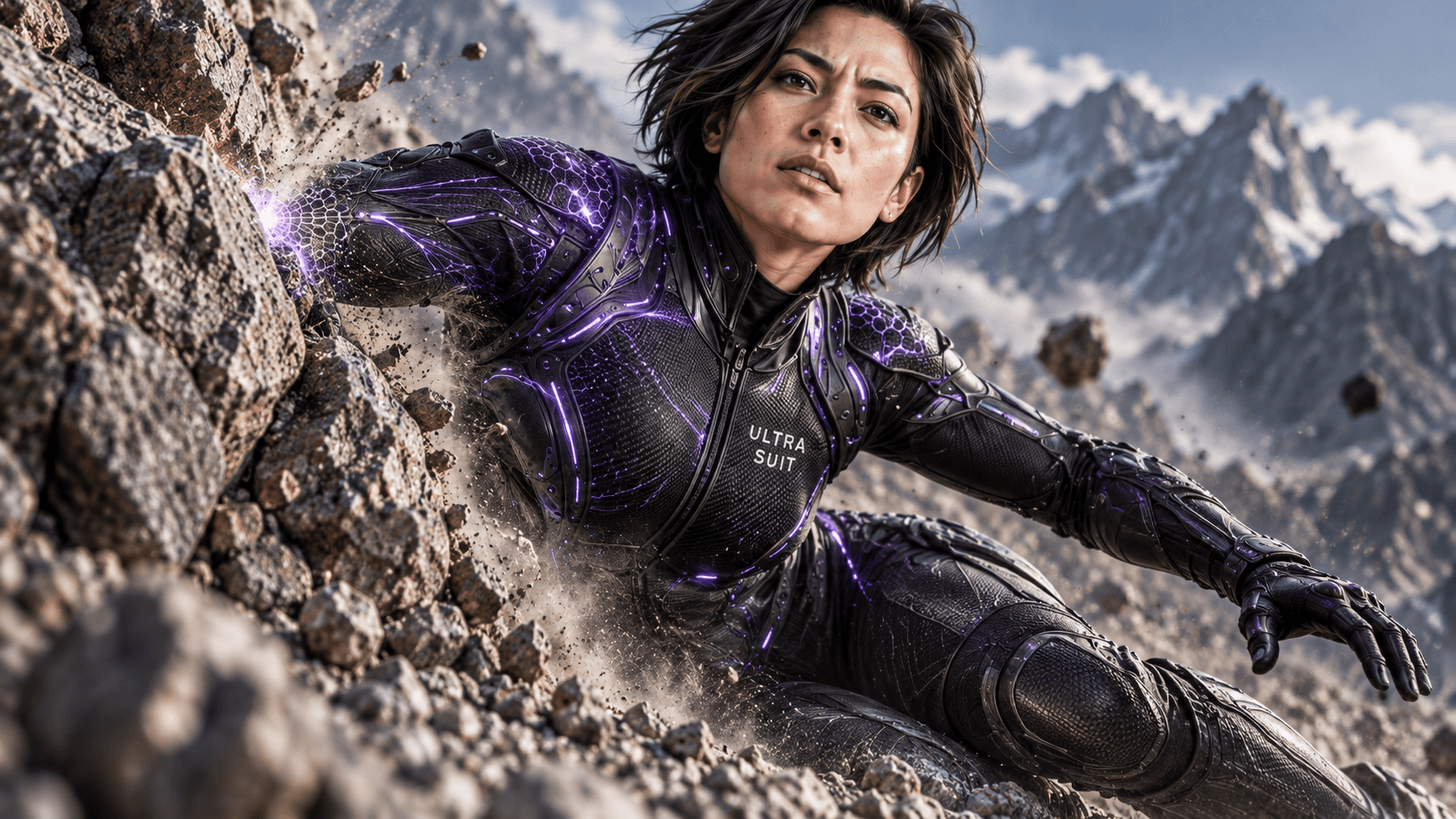 A woman in a purple illuminated Ultra Suit moving through a rocky mountain impact