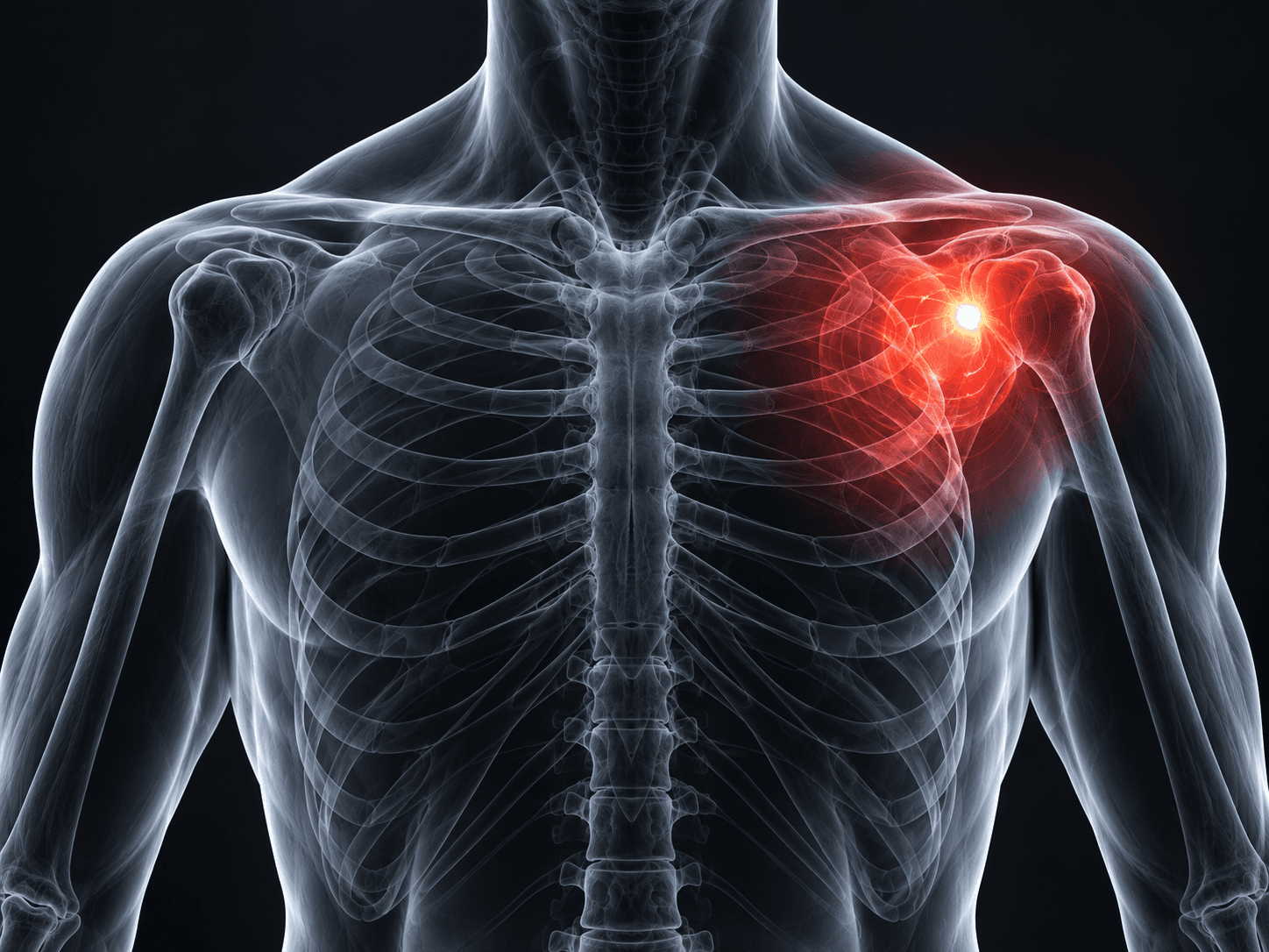 Illustration of concentrated red impact force at one shoulder without the suit