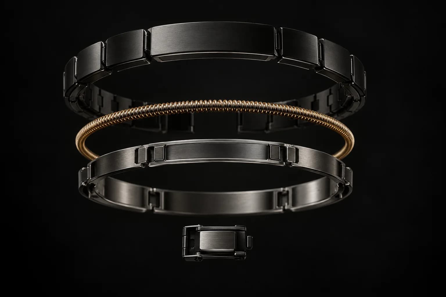 Exploded engineering view of the bracelet’s shell, gold coil, liner and clasp