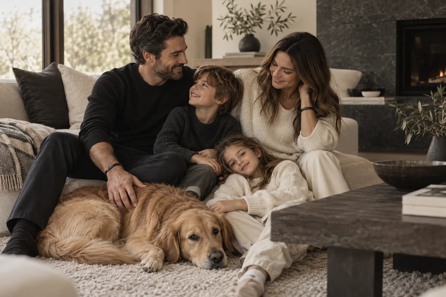 Family of four and their dog in a contemporary home