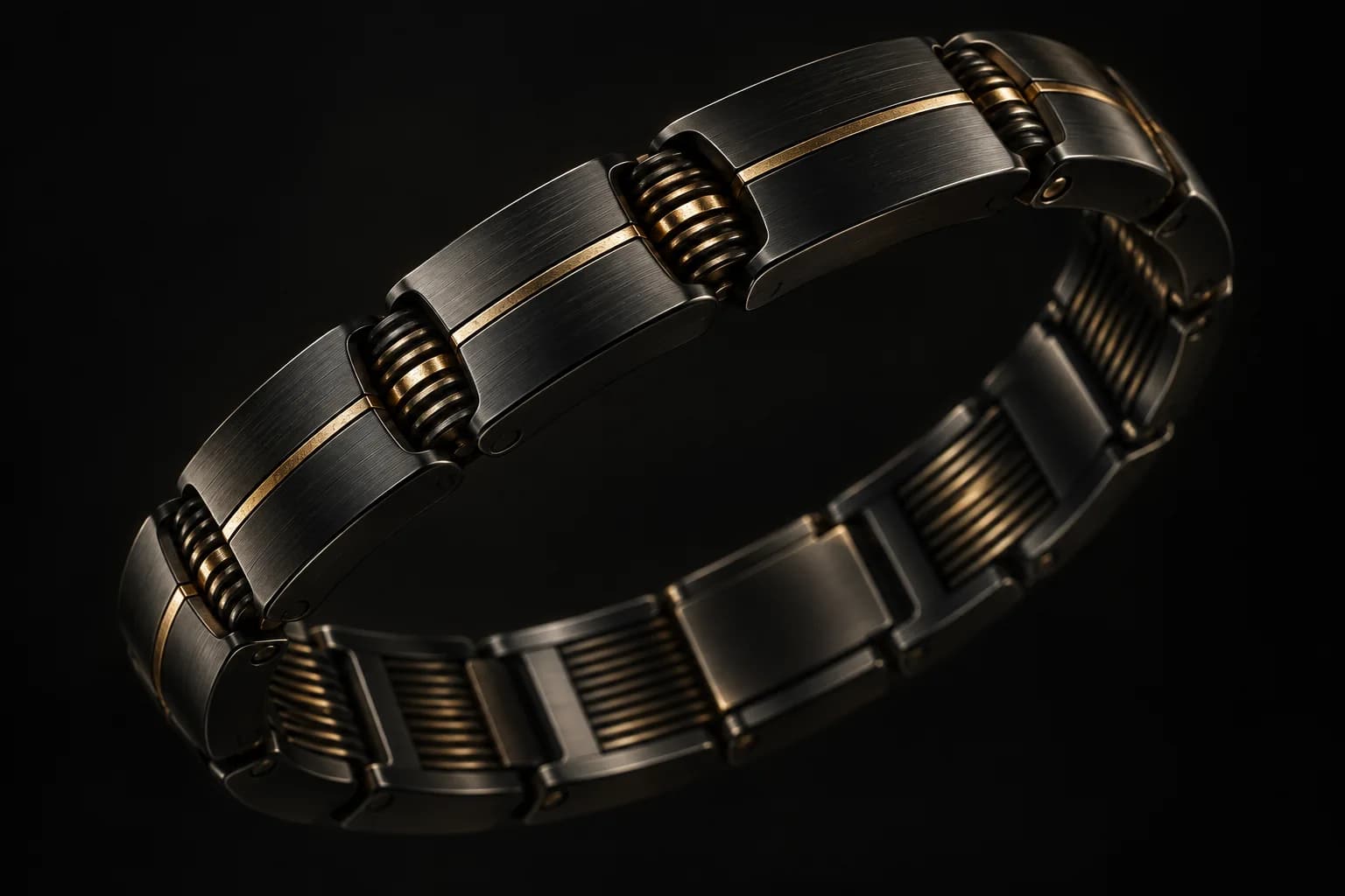Black titanium Bracelet of Immortality with intricately machined links and warm gold detailing