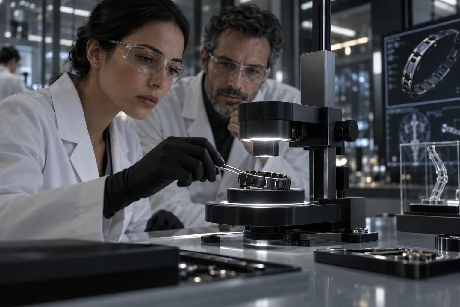 Scientists seriously examining the bracelet in a contemporary laboratory