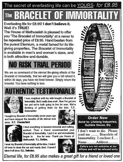 Original monochrome Bracelet of Immortality magazine advert, offering eternal life for £8.95