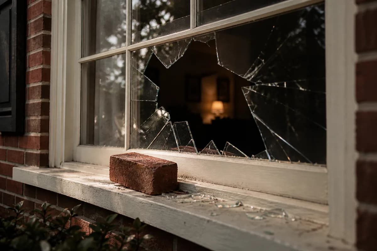 Fictional campaign: a cracked window with a brick on the sill