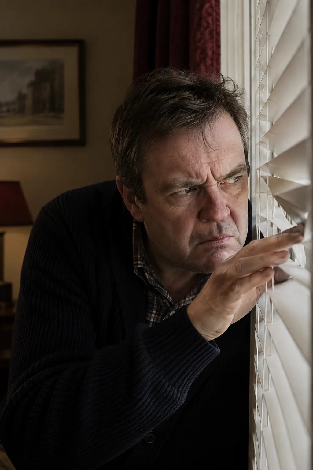 The customer peering through his blinds