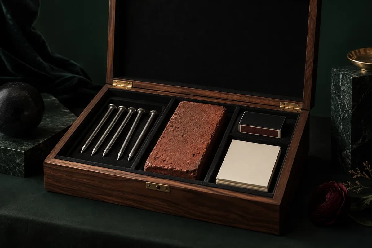 Walnut gift box holding the full fictional hardware collection