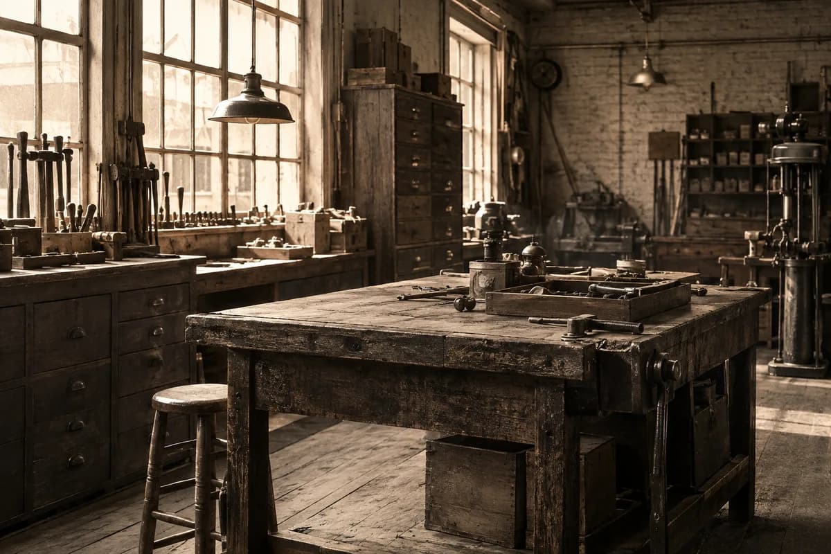 Fictional archival photograph of the original ironmongery workshop