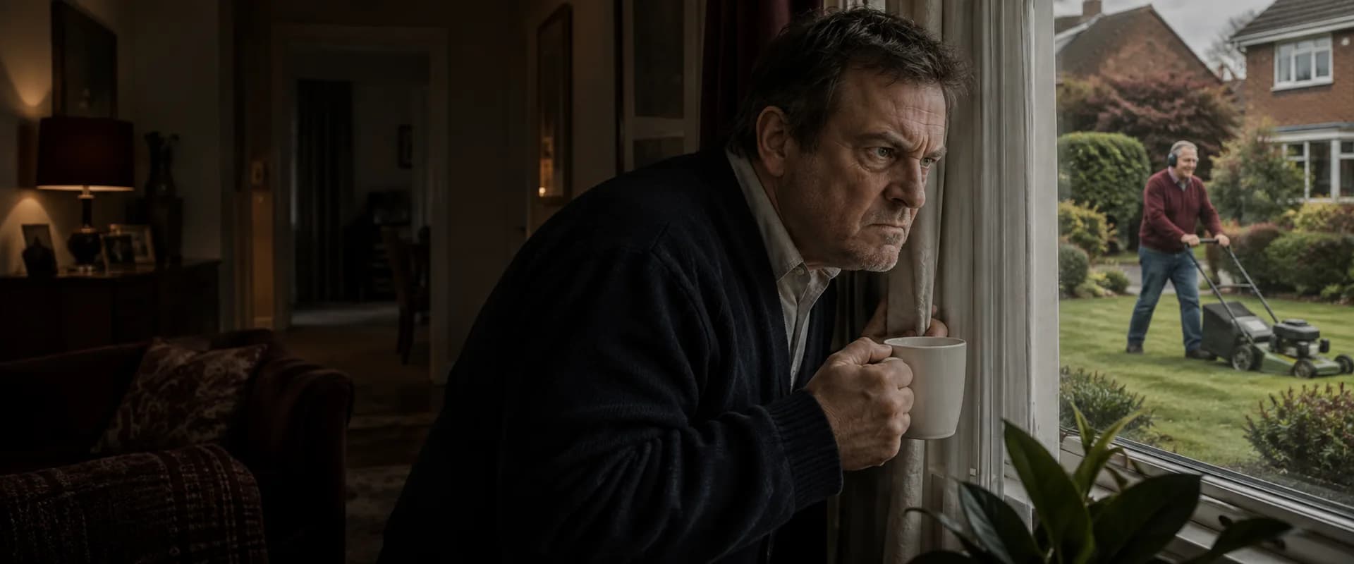 A resentful man clutches his mug while his harmless neighbour peacefully mows the lawn