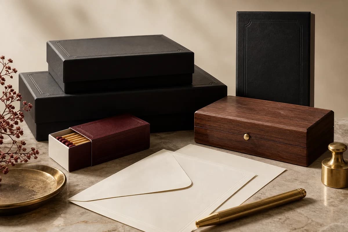 Black, ivory and oxblood heritage packaging with a walnut case