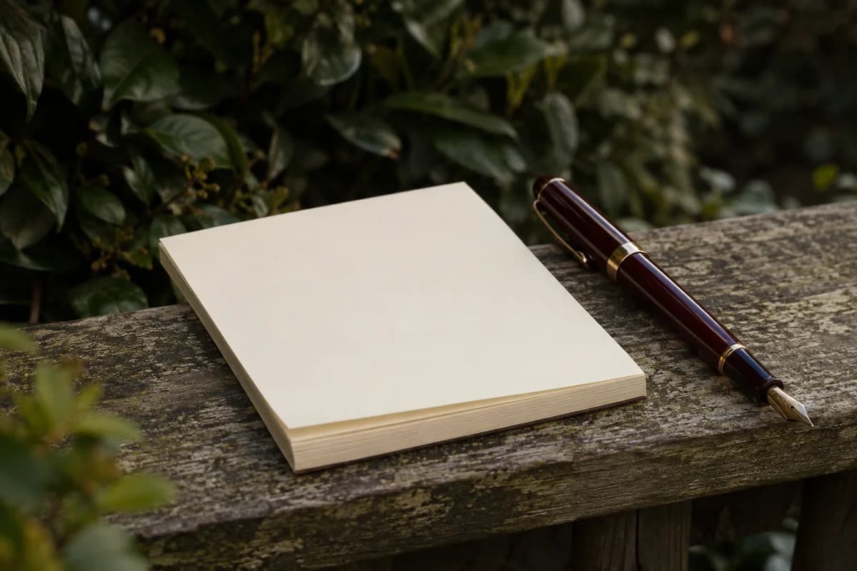 A blank notepad and pen on a garden ledge