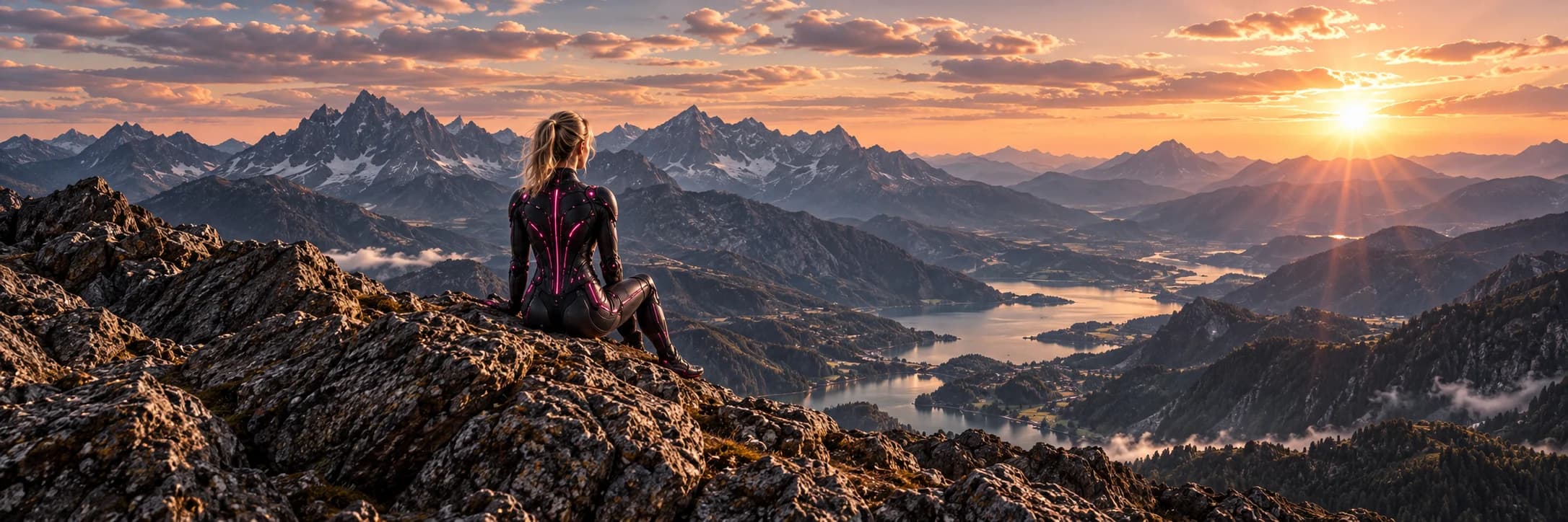 Ultra Suit wearer looking out over an alpine valley and lake at sunset