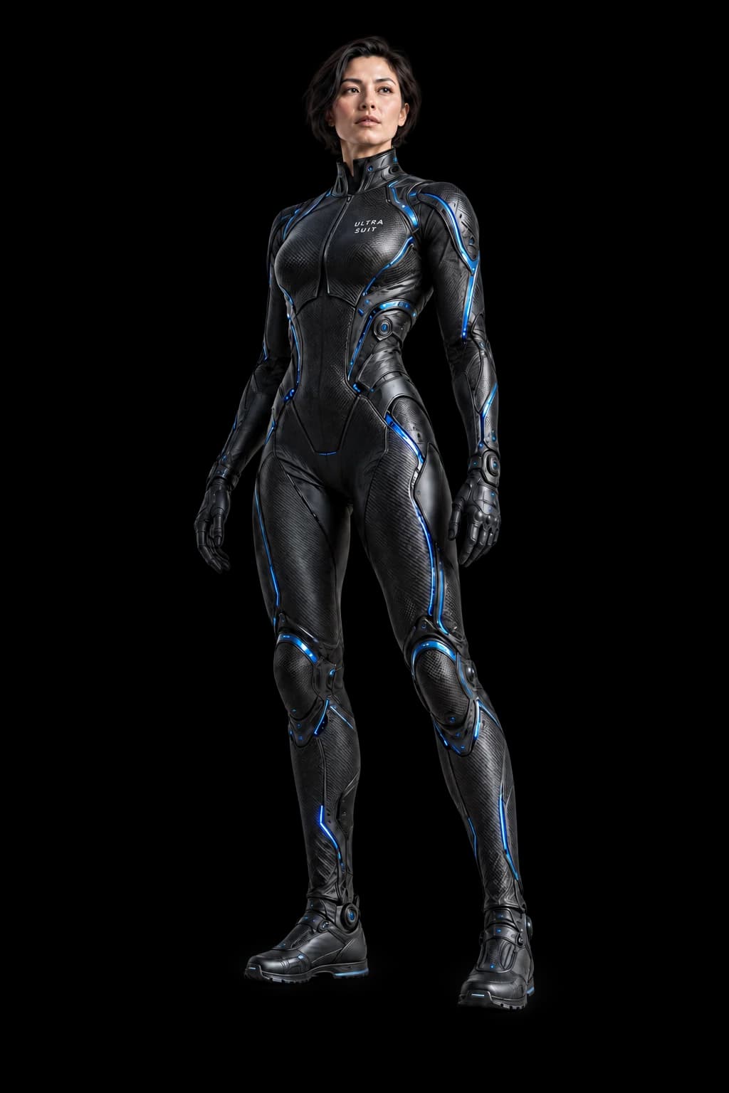 Full-length view of the Ultra Suit, with carbon weave panels and blue illuminated seams