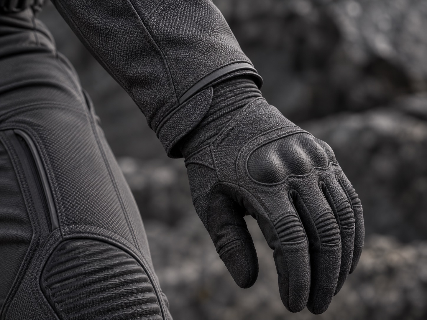 Macro view of the Ultra Suit's woven composite sleeve and seamlessly integrated protective glove