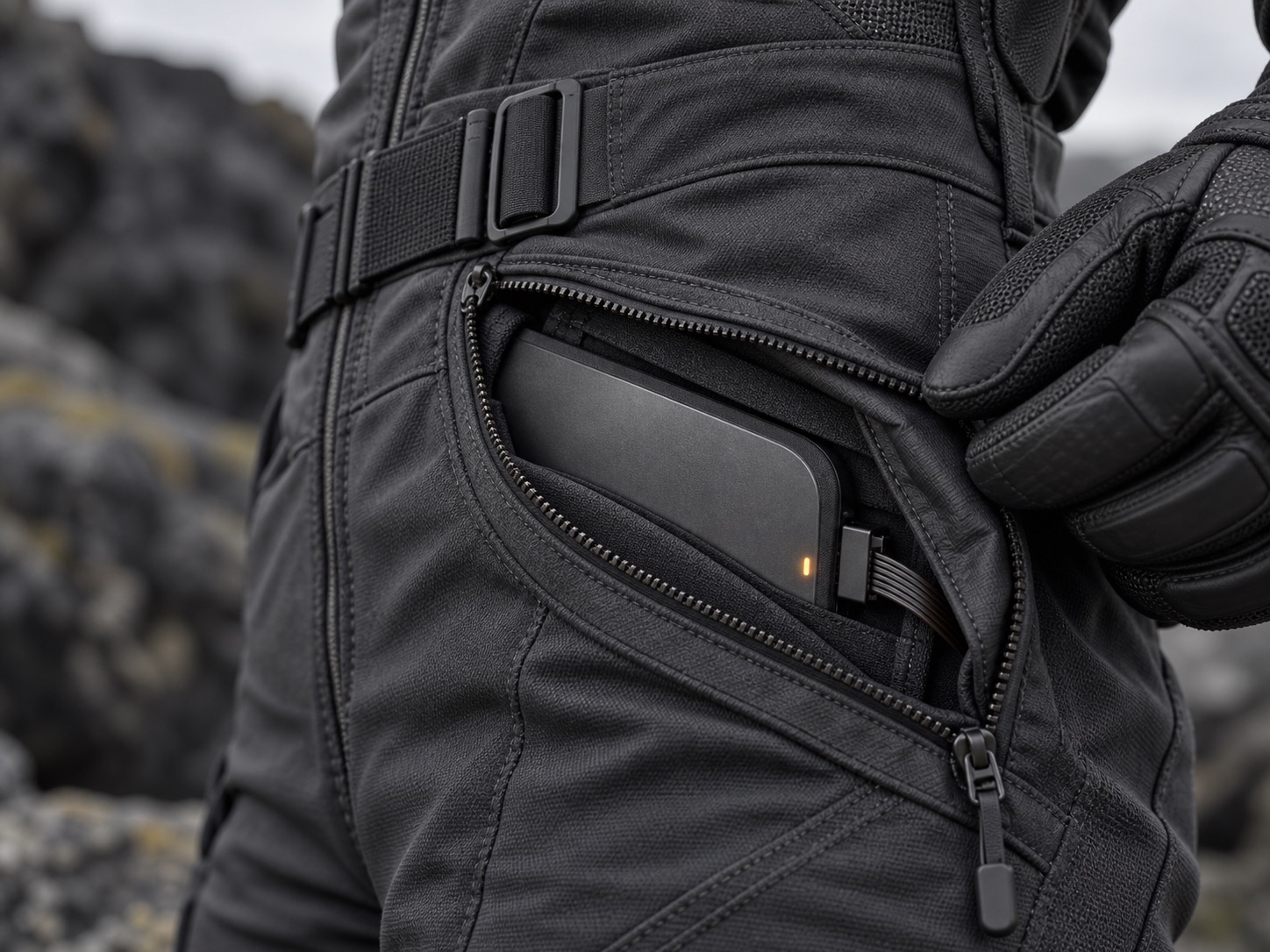A close-up of the suit's slim integrated battery inside its waist service pocket