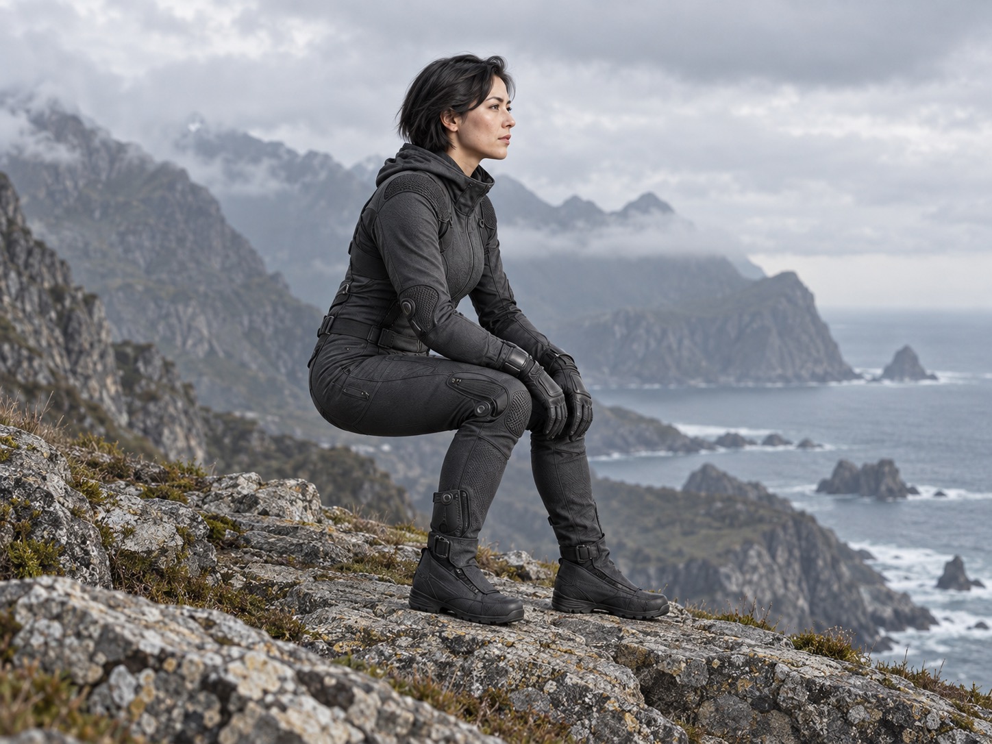 An Ultra Suit wearer resting in a supported seated position without a chair on a rocky ridge, with both feet planted